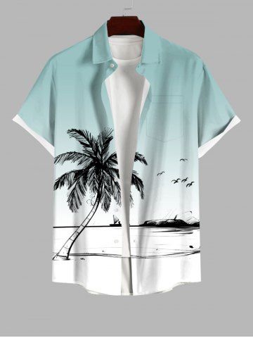 Plus Size Coconut Tree Seagull Sailboat Ombre Print Buttons Pocket Hawaii Shirt For Men - MULTI-A - L