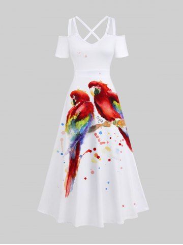 Plus Size Colorful Parrot Oil Painting Splatter Printed Cold Shoulder Crisscross Hawaii Maxi Dress - BLACK - 1X