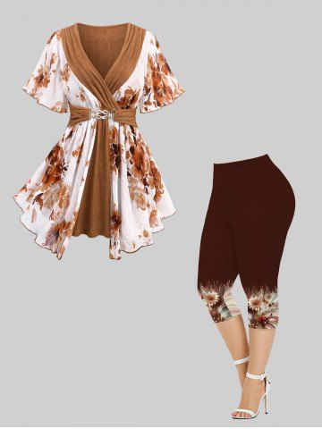 Flower Print Plisse Surplice Textured Top and Ladybug Earth Tone Pattern Printed Capri Leggings Plus Size Summer Outfit - COFFEE