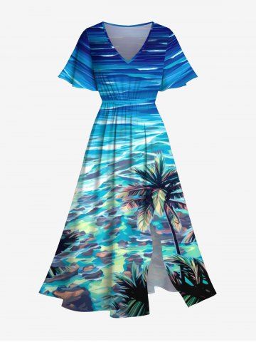 Plus Size Sea Coconut Tree Print Hawaii Split Pocket A Line Midi Dress - BLUE - L
