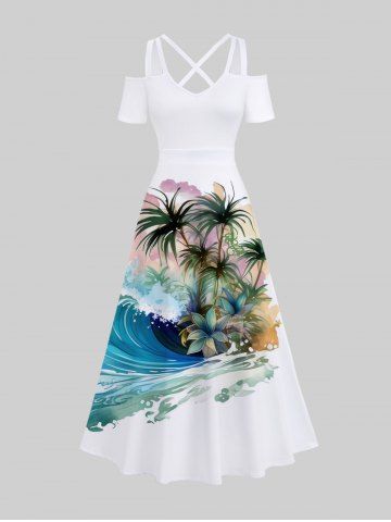 Plus Size Cold Shoulder Sea Waves Coconut Tree Floral Ombre Sky Print Hawaii Crisscross A Line Maxi Dress - WHITE - 2X