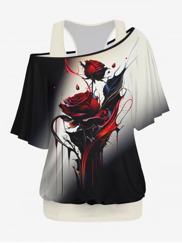 Plus Size Solid Racerback Tank Top and Ink Painting Rose Flower Ombre Print T-shirt Set - BLACK - XS