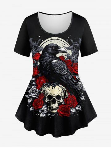 Plus Size Eagle Moon Skull Rose Flower Print T-shirt - BLACK - 3X