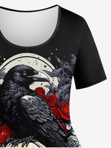 Plus Size Eagle Moon Skull Rose Flower Print T-shirt