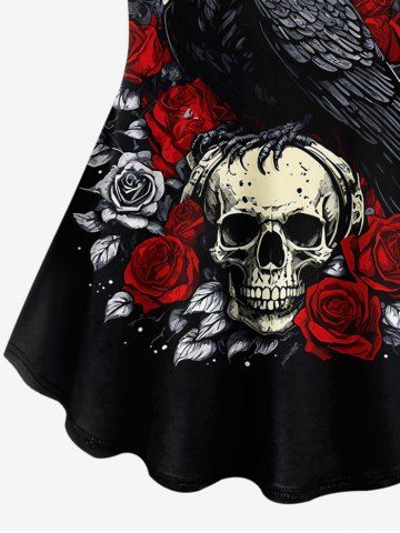 Plus Size Eagle Moon Skull Rose Flower Print T-shirt