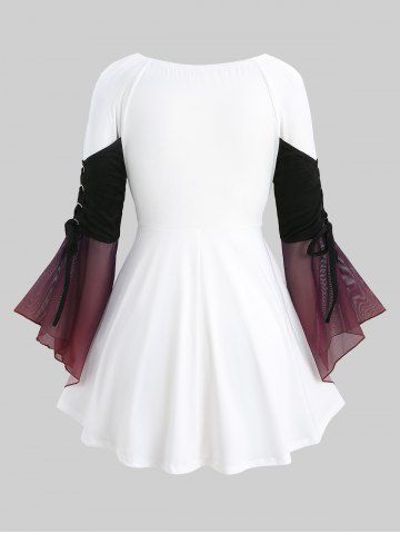 Plus Size Lace Up Ombre Mesh Ruched Asymmetrical Flare Sleeve Top