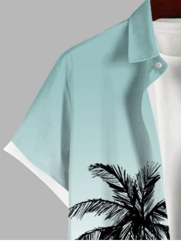 Plus Size Coconut Tree Seagull Sailboat Ombre Print Buttons Pocket Hawaii Shirt For Men
