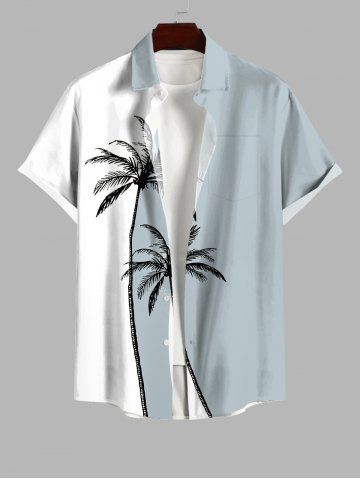 Plus Size Coconut Tree Colorblock Print Buttons Pocket Hawaii Shirt For Men - MULTI-A - S