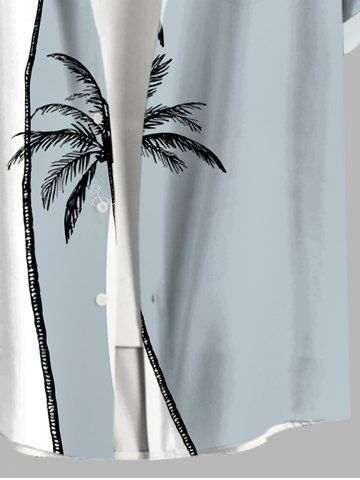 Plus Size Coconut Tree Colorblock Print Buttons Pocket Hawaii Shirt For Men