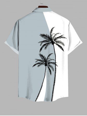 Plus Size Coconut Tree Colorblock Print Buttons Pocket Hawaii Shirt For Men