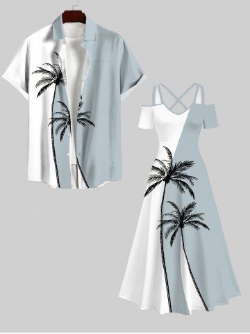 Plus Size Coconut Tree Colorblock Print Buttons Pocket Hawaii Shirt For Men