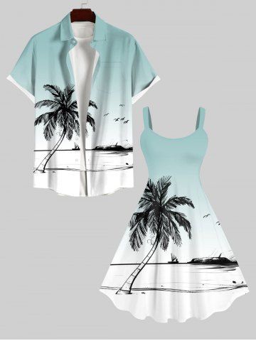 Coconut Tree Seagull Sailboat Ombre Print Plus Size Matching Hawaii Beach Outfit For Couples