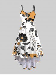 Plus Size Floral Leaf Colorblock Print Hawaii High Low Asymmetric Cami Dress -  