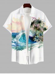 Chemise à Imprimé Cocotiers Vagues et Ciel Étoilé en Dégradé de Couleurs avec Boutons Grande-Taille pour Hommes - Blanc 2XL