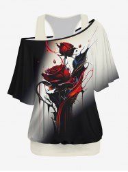 Plus Size Solid Racerback Tank Top and Ink Painting Rose Flower Ombre Print T-shirt Set -  