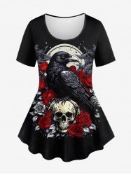 Plus Size Eagle Moon Skull Rose Flower Print T-shirt -  