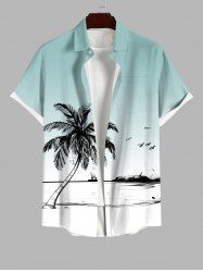 Plus Size Coconut Tree Seagull Sailboat Ombre Print Buttons Pocket Hawaii Shirt For Men -  