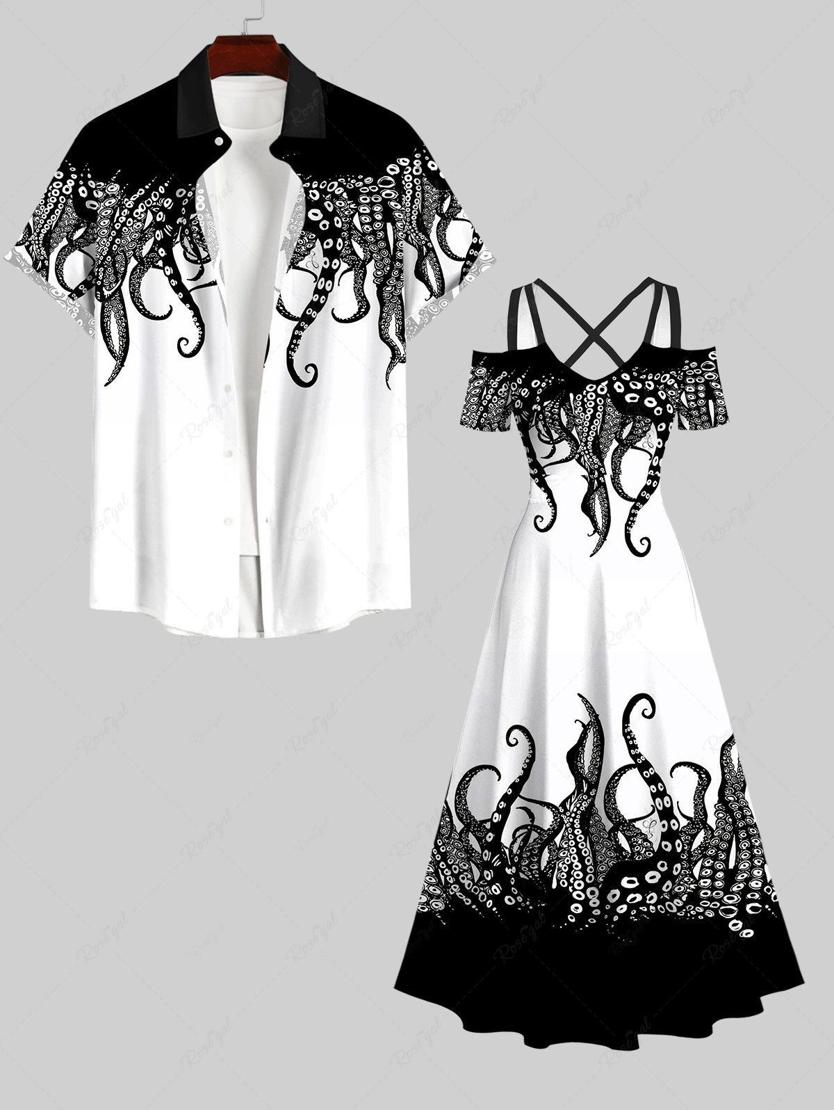 New Cold Shoulder Octopus Two Tone Print Plus Size Matching Dress and Shirt For Couples  