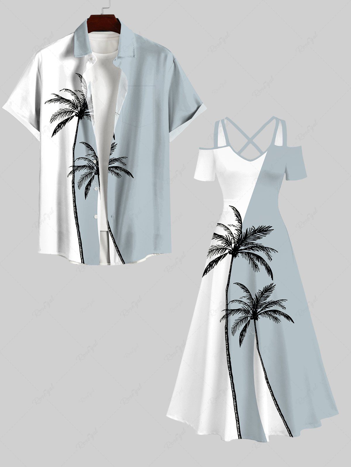 Fashion Coconut Tree Colorblock Print Plus Size Matching Hawaii Beach Outfit For Couples  