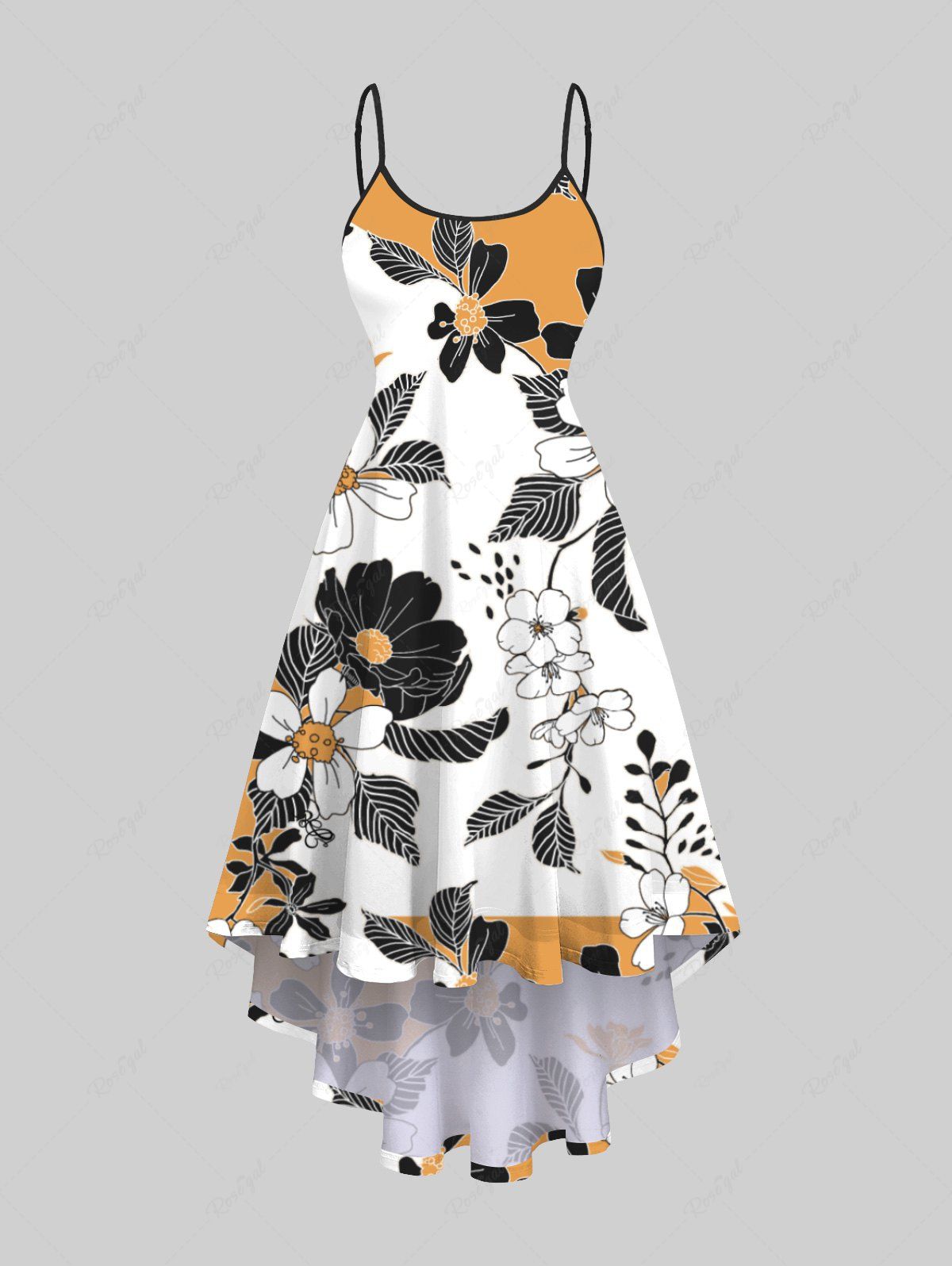 Outfit Plus Size Floral Leaf Colorblock Print Hawaii High Low Asymmetric Cami Dress  