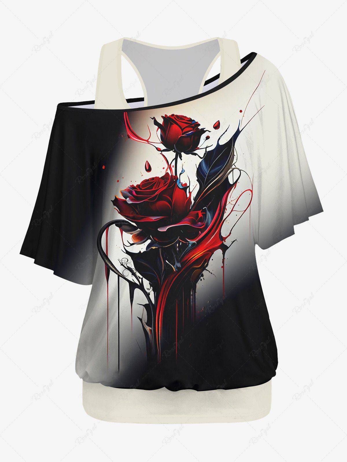 Hot Plus Size Solid Racerback Tank Top and Ink Painting Rose Flower Ombre Print T-shirt Set  