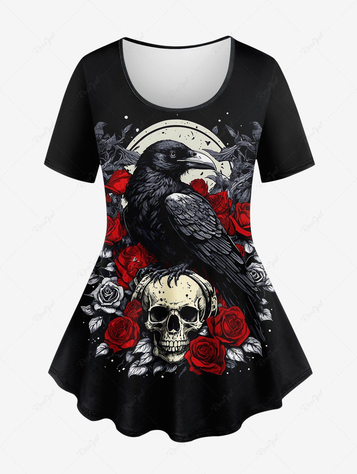Sale Plus Size Eagle Moon Skull Rose Flower Print T-shirt  