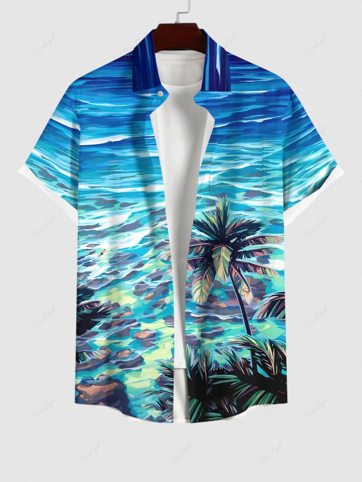 Chemise Boutonnée Imprimé Cocotier Hawaiien avec Poche Grande Taille pour Homme Multi-A 2XL