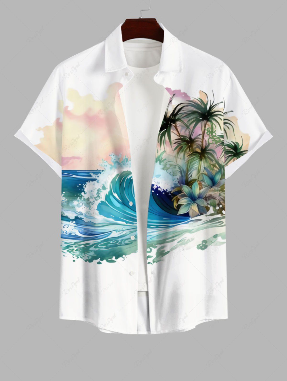 Chemise à Imprimé Cocotiers Vagues et Ciel Étoilé en Dégradé de Couleurs avec Boutons Grande-Taille pour Hommes Blanc 2XL