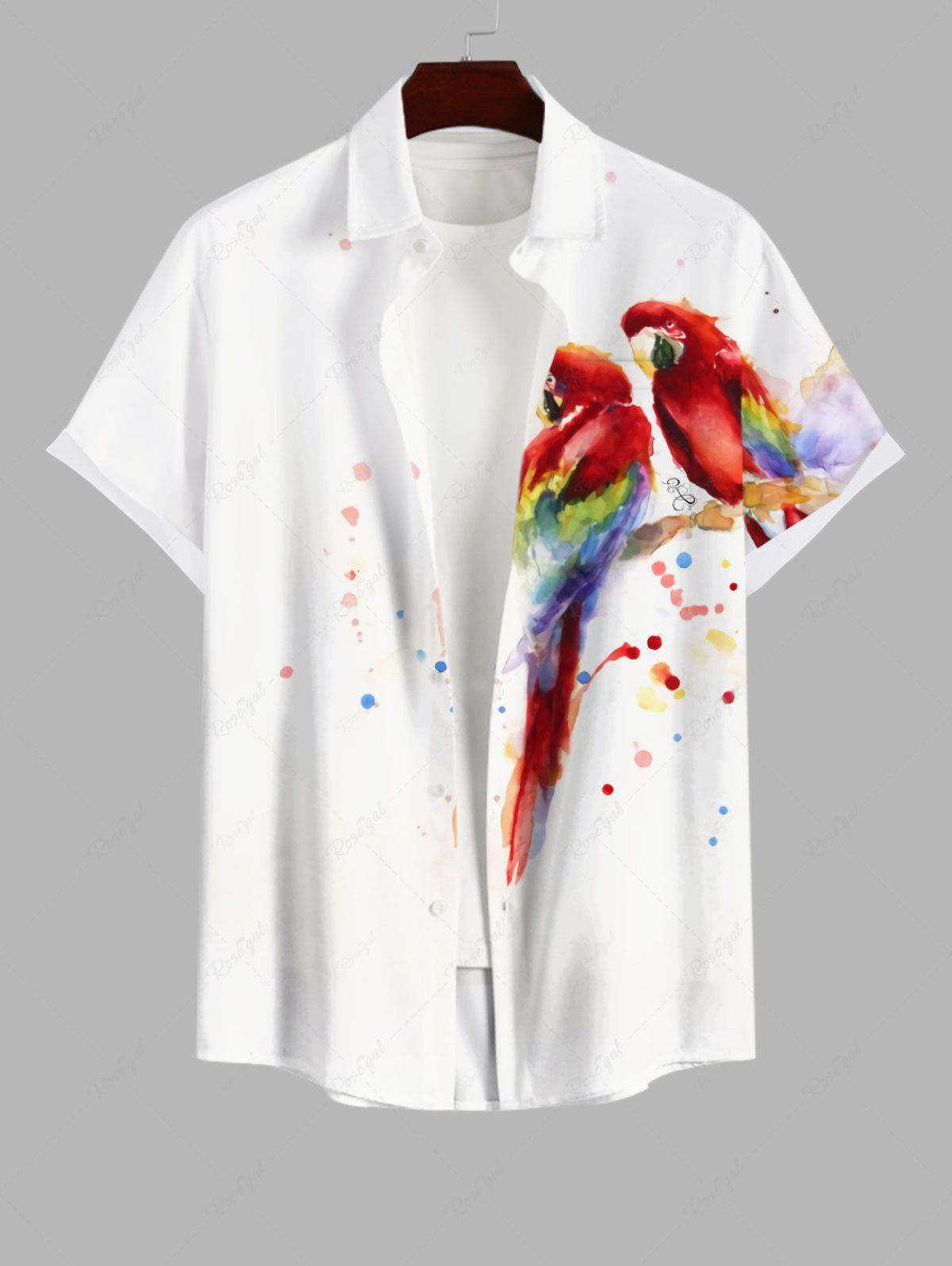 Chemise Décontractée Peinture à L'Huile Colorée Perroquet Imprimée avec Poche de Grande Taille pour Homme Blanc 4XL