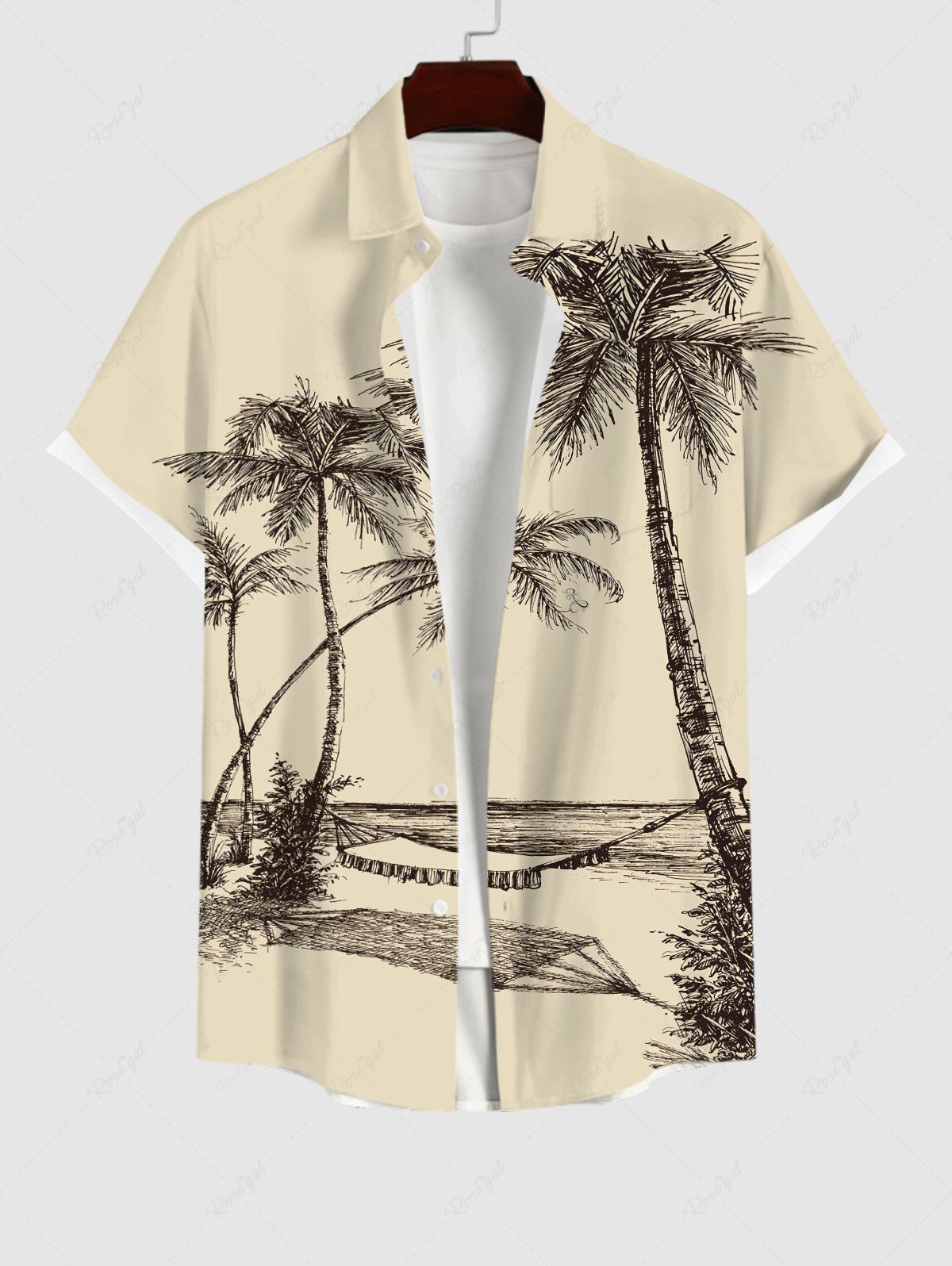 Chemise Décontractée Arbre Noix de Coco Imprimé avec Poche de Grande Taille pour Homme café lumière L