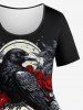 Plus Size Eagle Moon Skull Rose Flower Print T-shirt -  