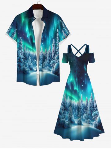 Forest Snow Galaxy Light Beam Glitter 3D Print Plus Size Matching Hawaii Beach Outfit For Couples - MULTI-A