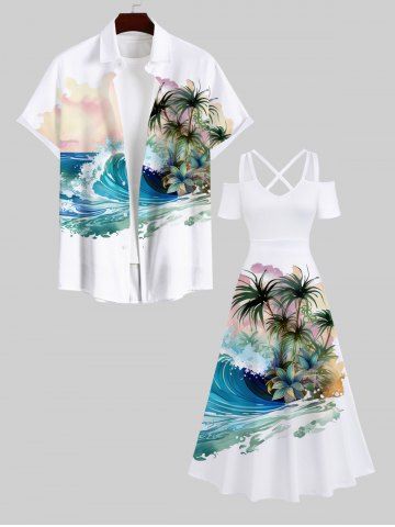 Cold Shoulder Sea Waves Coconut Tree Floral Ombre Sky Print Plus Size Matching Hawaii Beach Outfit For Couples - WHITE