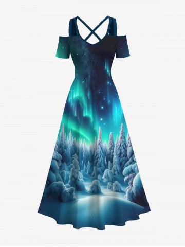 Plus Size Forest Snow Galaxy Light Beam Glitter 3D Print Cold Shoulder Crisscross Maxi Dress - MULTI-A - 6X