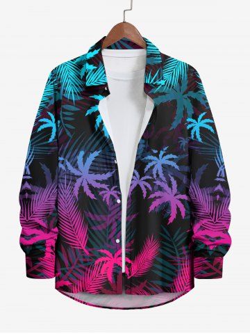 Plus Size Tropical Coconut Tree Leaf Ombre Colorblock Print Buttons Long Sleeves Hawaii Shirt For Men - BLACK - XL