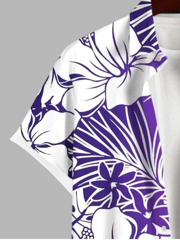 Plus Size Tropical Leaf Hibiscus Flowers Print Buttons Pocket Hawaii Shirt For Men