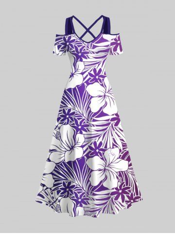 Plus Size Tropical Leaf Hibiscus Flowers Print Cold Shoulder Crisscross Hawaii Maxi Dress - PURPLE - M