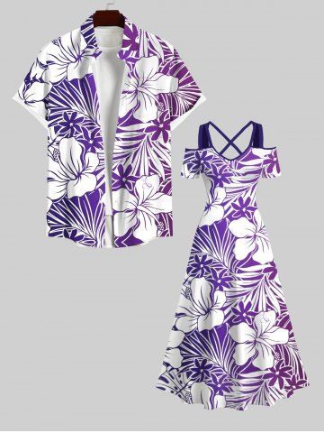 Plus Size Tropical Leaf Hibiscus Flowers Print Cold Shoulder Crisscross Hawaii Maxi Dress
