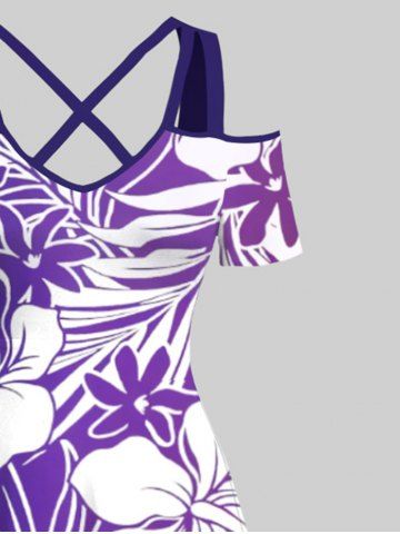 Plus Size Tropical Leaf Hibiscus Flowers Print Cold Shoulder Crisscross Hawaii Maxi Dress