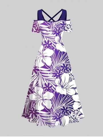 Plus Size Tropical Leaf Hibiscus Flowers Print Cold Shoulder Crisscross Hawaii Maxi Dress