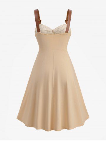 Plus Size Maple Leaf Print Ruched Panel Buckle Heart Grommets Pocket Tank Dress