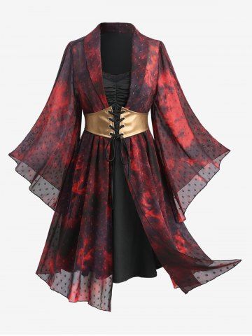 Halloween Vampire Costume Plus Size Lapel Collar Flare Sleeves Spotted Jacquard Tie Dye Lace Up Ruched Belted 2 in 1 A Line Dress - RED - L | US 12