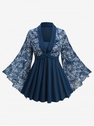 Plus Size Rose Flower Leaf Print Ribbed Textured Patchwork Flare Sleeve Top - BLUE - M | US 10