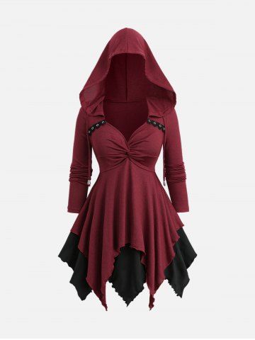 Plus Size Twist Lace Trim Drawstring Hooded Layered Handkerchief Long Sleeve Top - DEEP RED - M | US 10