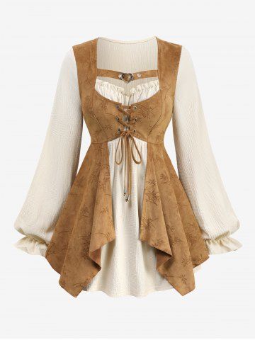 Plus Size Bamboo Print Lace Up Ruched Ruffles Heart Buckle Grommets Plisse 2 In 1 Top - BEIGE - M | US 10