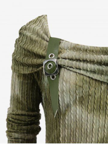 Plus Size Ombre Tie Dye Print Grommets Buckle Turn Down Collar Cable Knit Textured Sweater