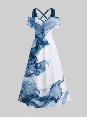 Plus Size Ombre Smoke Print Cold Shoulder Crisscross A Line Maxi Dress - MULTI-A - 2X