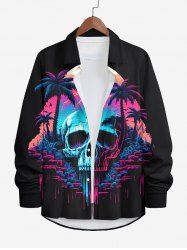 Plus Size Skull Coconut Tree Mountain Ombre Colorblock Print Buttons Long Sleeves Hawaii Shirt For Men -  