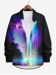 Plus Size Moon Tree Water Fall Ombre Colorblock Glitter 3D Print Buttons Long Sleeves Shirt For Men -  