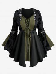 Plus Size Floral Flocking Split Flare Sleeves Lace Up PU Strap Grommet Buckle Patchwork Top -  